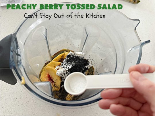 Peachy Berry Tossed Salad | Can't Stay Out of the Kitchen | this scrumptious #TossedSalad rates A+ with our family! It's made with fresh #peaches, #raspberries, #blueberries & FetaCheese. The #SaladDressing uses #healthy ingredients & also includes #FreshPeaches. This sensational #salad is fantastic for company or #potlucks, but so delicious you'll want to make it frequently for your family! #GlutenFree #PeachyBerryTossedSalad