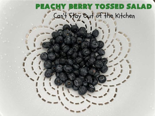 Peachy Berry Tossed Salad | Can't Stay Out of the Kitchen | this scrumptious #TossedSalad rates A+ with our family! It's made with fresh #peaches, #raspberries, #blueberries & FetaCheese. The #SaladDressing uses #healthy ingredients & also includes #FreshPeaches. This sensational #salad is fantastic for company or #potlucks, but so delicious you'll want to make it frequently for your family! #GlutenFree #PeachyBerryTossedSalad