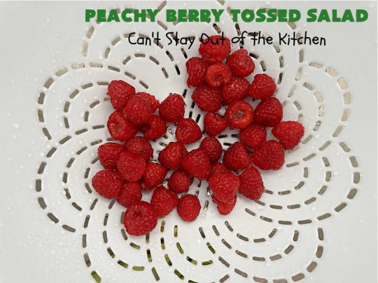 Peachy Berry Tossed Salad | Can't Stay Out of the Kitchen | this scrumptious #TossedSalad rates A+ with our family! It's made with fresh #peaches, #raspberries, #blueberries & FetaCheese. The #SaladDressing uses #healthy ingredients & also includes #FreshPeaches. This sensational #salad is fantastic for company or #potlucks, but so delicious you'll want to make it frequently for your family! #GlutenFree #PeachyBerryTossedSalad