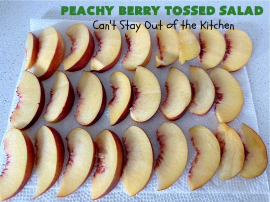 Peachy Berry Tossed Salad | Can't Stay Out of the Kitchen | this scrumptious #TossedSalad rates A+ with our family! It's made with fresh #peaches, #raspberries, #blueberries & FetaCheese. The #SaladDressing uses #healthy ingredients & also includes #FreshPeaches. This sensational #salad is fantastic for company or #potlucks, but so delicious you'll want to make it frequently for your family! #GlutenFree #PeachyBerryTossedSalad