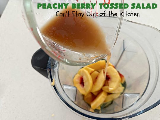 Peachy Berry Tossed Salad | Can't Stay Out of the Kitchen | this scrumptious #TossedSalad rates A+ with our family! It's made with fresh #peaches, #raspberries, #blueberries & FetaCheese. The #SaladDressing uses #healthy ingredients & also includes #FreshPeaches. This sensational #salad is fantastic for company or #potlucks, but so delicious you'll want to make it frequently for your family! #GlutenFree #PeachyBerryTossedSalad