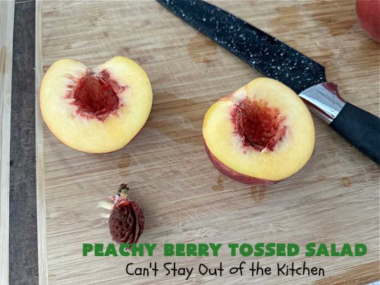 Peachy Berry Tossed Salad | Can't Stay Out of the Kitchen | this scrumptious #TossedSalad rates A+ with our family! It's made with fresh #peaches, #raspberries, #blueberries & FetaCheese. The #SaladDressing uses #healthy ingredients & also includes #FreshPeaches. This sensational #salad is fantastic for company or #potlucks, but so delicious you'll want to make it frequently for your family! #GlutenFree #PeachyBerryTossedSalad