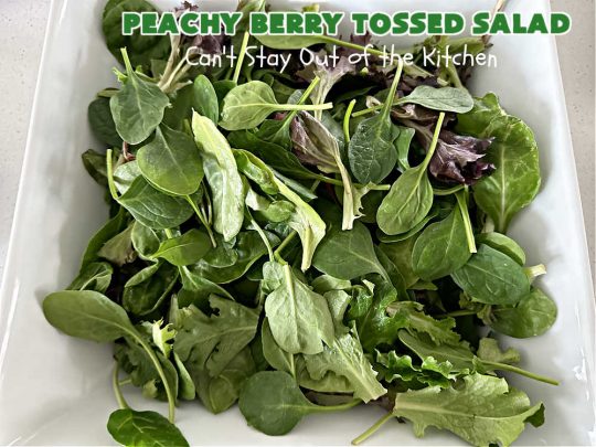 Peachy Berry Tossed Salad | Can't Stay Out of the Kitchen | this scrumptious #TossedSalad rates A+ with our family! It's made with fresh #peaches, #raspberries, #blueberries & FetaCheese. The #SaladDressing uses #healthy ingredients & also includes #FreshPeaches. This sensational #salad is fantastic for company or #potlucks, but so delicious you'll want to make it frequently for your family! #GlutenFree #PeachyBerryTossedSalad
