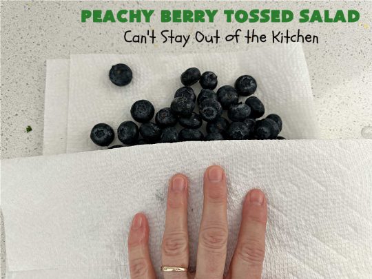Peachy Berry Tossed Salad | Can't Stay Out of the Kitchen | this scrumptious #TossedSalad rates A+ with our family! It's made with fresh #peaches, #raspberries, #blueberries & FetaCheese. The #SaladDressing uses #healthy ingredients & also includes #FreshPeaches. This sensational #salad is fantastic for company or #potlucks, but so delicious you'll want to make it frequently for your family! #GlutenFree #PeachyBerryTossedSalad