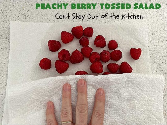 Peachy Berry Tossed Salad | Can't Stay Out of the Kitchen | this scrumptious #TossedSalad rates A+ with our family! It's made with fresh #peaches, #raspberries, #blueberries & FetaCheese. The #SaladDressing uses #healthy ingredients & also includes #FreshPeaches. This sensational #salad is fantastic for company or #potlucks, but so delicious you'll want to make it frequently for your family! #GlutenFree #PeachyBerryTossedSalad
