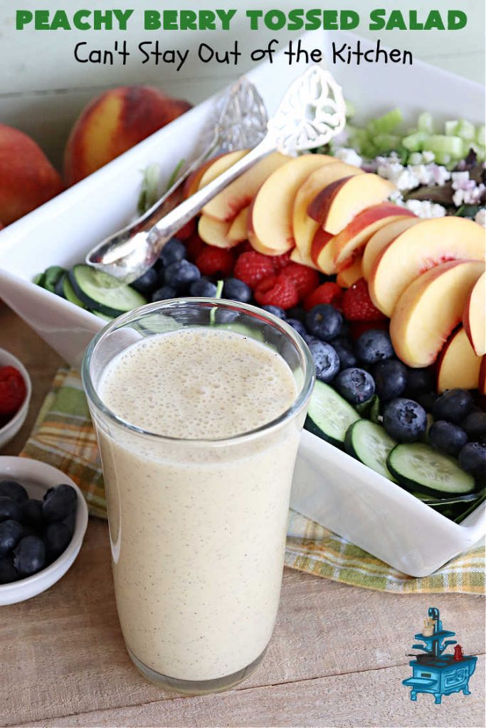 Peachy Berry Tossed Salad | Can't Stay Out of the Kitchen | this scrumptious #TossedSalad rates A+ with our family! It's made with fresh #peaches, #raspberries, #blueberries & FetaCheese. The #SaladDressing uses #healthy ingredients & also includes #FreshPeaches. This sensational #salad is fantastic for company or #potlucks, but so delicious you'll want to make it frequently for your family! #GlutenFree #PeachyBerryTossedSalad