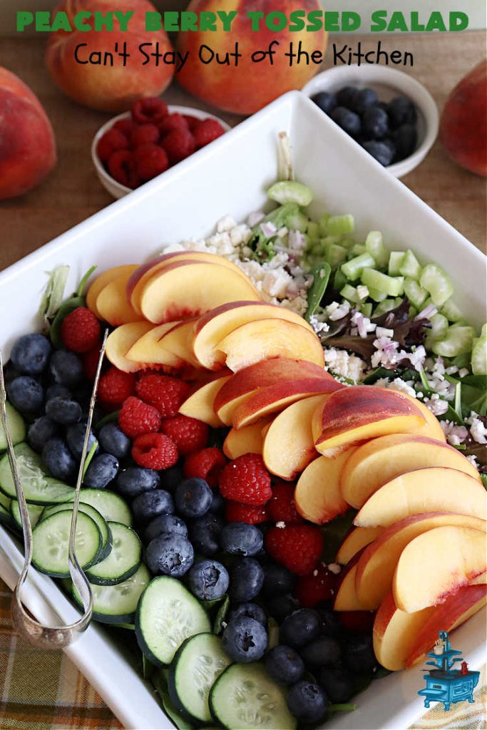 Peachy Berry Tossed Salad | Can't Stay Out of the Kitchen | this scrumptious #TossedSalad rates A+ with our family! It's made with fresh #peaches, #raspberries, #blueberries & FetaCheese. The #SaladDressing uses #healthy ingredients & also includes #FreshPeaches. This sensational #salad is fantastic for company or #potlucks, but so delicious you'll want to make it frequently for your family! #GlutenFree #PeachyBerryTossedSalad