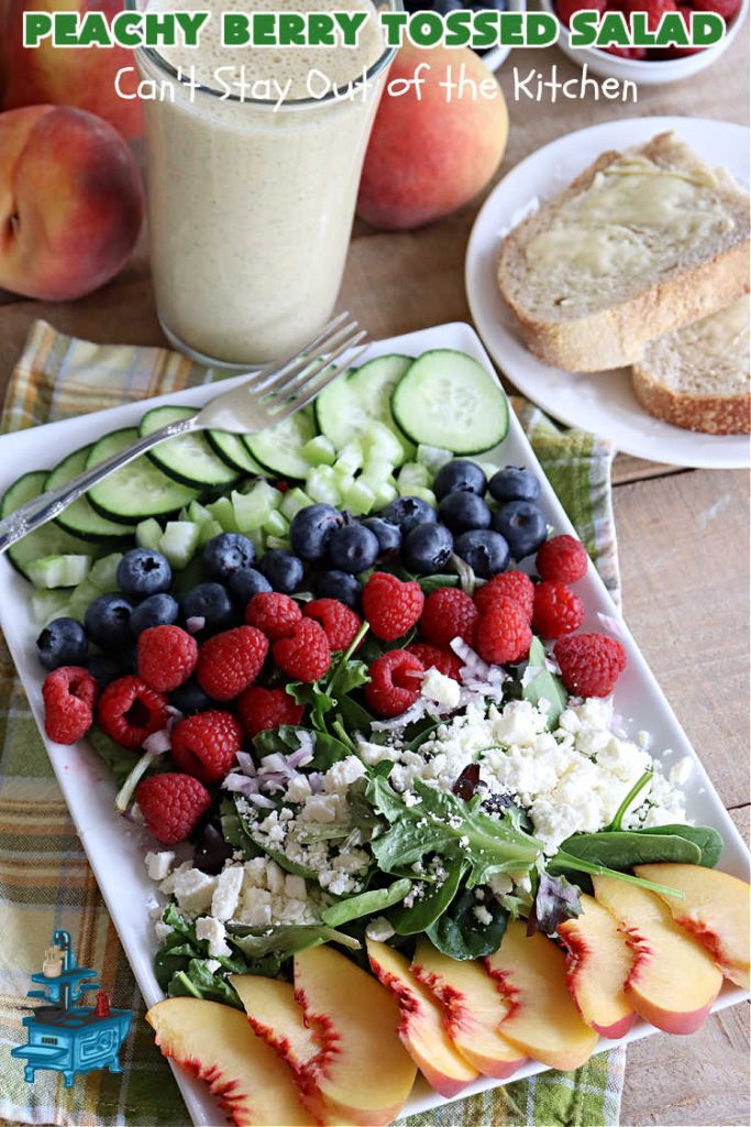 Peachy Berry Tossed Salad | Can't Stay Out of the Kitchen | this scrumptious #TossedSalad rates A+ with our family! It's made with fresh #peaches, #raspberries, #blueberries & FetaCheese. The #SaladDressing uses #healthy ingredients & also includes #FreshPeaches. This sensational #salad is fantastic for company or #potlucks, but so delicious you'll want to make it frequently for your family! #GlutenFree #PeachyBerryTossedSalad