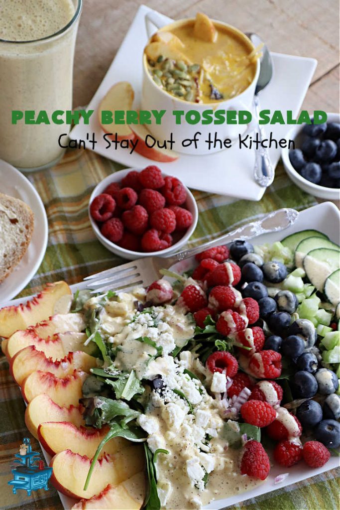 Peachy Berry Tossed Salad | Can't Stay Out of the Kitchen | this scrumptious #TossedSalad rates A+ with our family! It's made with fresh #peaches, #raspberries, #blueberries & FetaCheese. The #SaladDressing uses #healthy ingredients & also includes #FreshPeaches. This sensational #salad is fantastic for company or #potlucks, but so delicious you'll want to make it frequently for your family! #GlutenFree #PeachyBerryTossedSalad