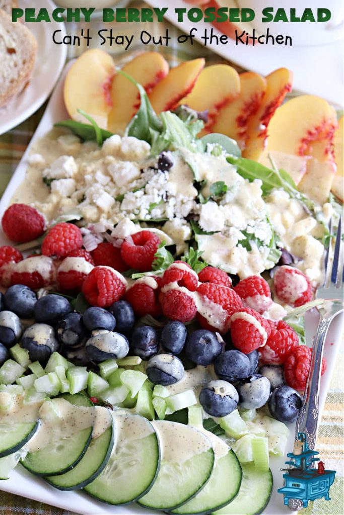 Peachy Berry Tossed Salad | Can't Stay Out of the Kitchen | this scrumptious #TossedSalad rates A+ with our family! It's made with fresh #peaches, #raspberries, #blueberries & FetaCheese. The #SaladDressing uses #healthy ingredients & also includes #FreshPeaches. This sensational #salad is fantastic for company or #potlucks, but so delicious you'll want to make it frequently for your family! #GlutenFree #PeachyBerryTossedSalad