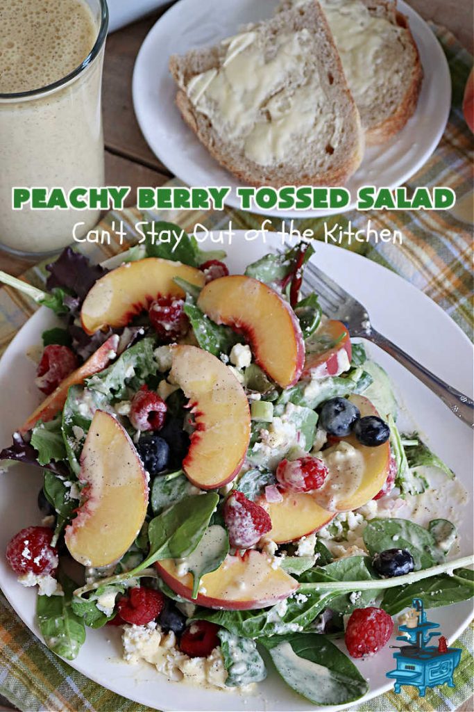 Peachy Berry Tossed Salad | Can't Stay Out of the Kitchen | this scrumptious #TossedSalad rates A+ with our family! It's made with fresh #peaches, #raspberries, #blueberries & FetaCheese. The #SaladDressing uses #healthy ingredients & also includes #FreshPeaches. This sensational #salad is fantastic for company or #potlucks, but so delicious you'll want to make it frequently for your family! #GlutenFree #PeachyBerryTossedSalad
