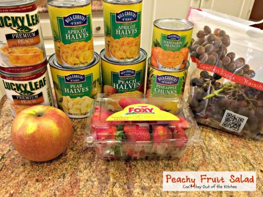 Peachy Fruit Salad | Can't Stay Out of the Kitchen | this luscious and delectable #fruitsalad is wonderful for company and #holidays. This one's made with #peachpiefilling! #glutenfree #fruit #salad