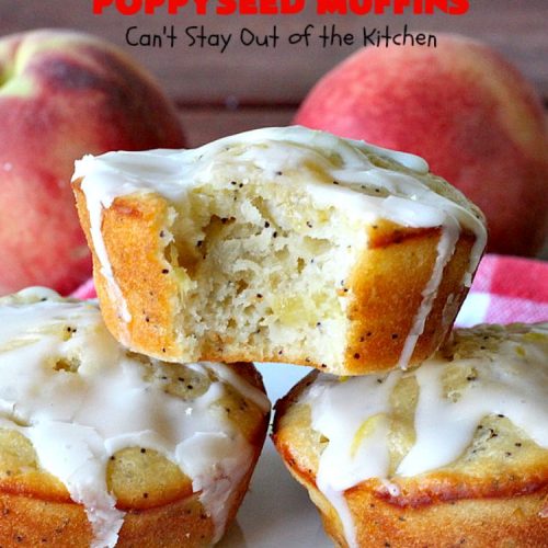 Peachy Lemon Poppyseed Muffins | Can't Stay Out of the Kitchen | these luscious #muffins are filled with #peaches, #lemon & #poppyseeds. Terrific for a #holiday or company #breakfast. #PeachMuffins #PeachyLemonPoppyseedMuffins