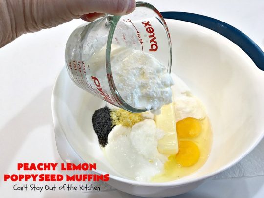 Peachy Lemon Poppyseed Muffins | Can't Stay Out of the Kitchen | these luscious #muffins are filled with #peaches, #lemon & #poppyseeds. Terrific for a #holiday or company #breakfast. #PeachMuffins #PeachyLemonPoppyseedMuffins