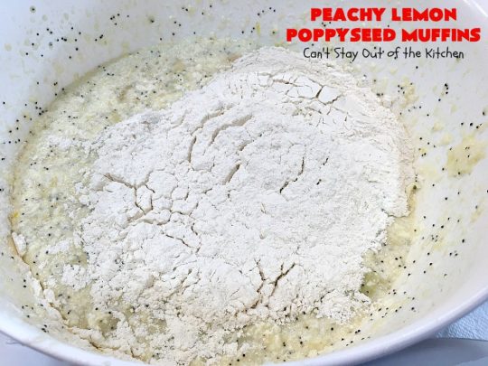 Peachy Lemon Poppyseed Muffins | Can't Stay Out of the Kitchen | these luscious #muffins are filled with #peaches, #lemon & #poppyseeds. Terrific for a #holiday or company #breakfast. #PeachMuffins #PeachyLemonPoppyseedMuffins
