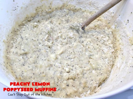 Peachy Lemon Poppyseed Muffins | Can't Stay Out of the Kitchen | these luscious #muffins are filled with #peaches, #lemon & #poppyseeds. Terrific for a #holiday or company #breakfast. #PeachMuffins #PeachyLemonPoppyseedMuffins