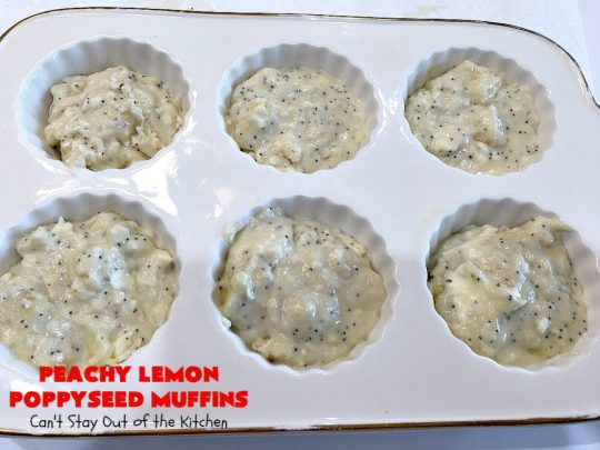 Peachy Lemon Poppyseed Muffins | Can't Stay Out of the Kitchen | these luscious #muffins are filled with #peaches, #lemon & #poppyseeds. Terrific for a #holiday or company #breakfast. #PeachMuffins #PeachyLemonPoppyseedMuffins