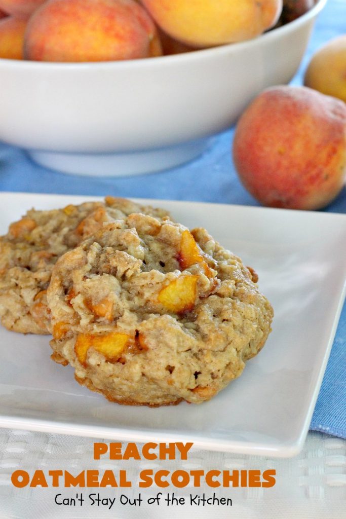 Peachy Oatmeal Scotchies | Can't Stay Out of the Kitchen | these outrageous #OatmealCookies contain #FreshPeaches & #ButterscotchChips for maximum flavor. Seriously, every bite will have you drooling. Great for #tailgating parties, potlucks & backyard BBQs. #peaches #oatmeal #butterscotch #cookies #dessert #PeachyOatmealScotchies #PeachDessert #OatmealDessert #ButterscotchDessert