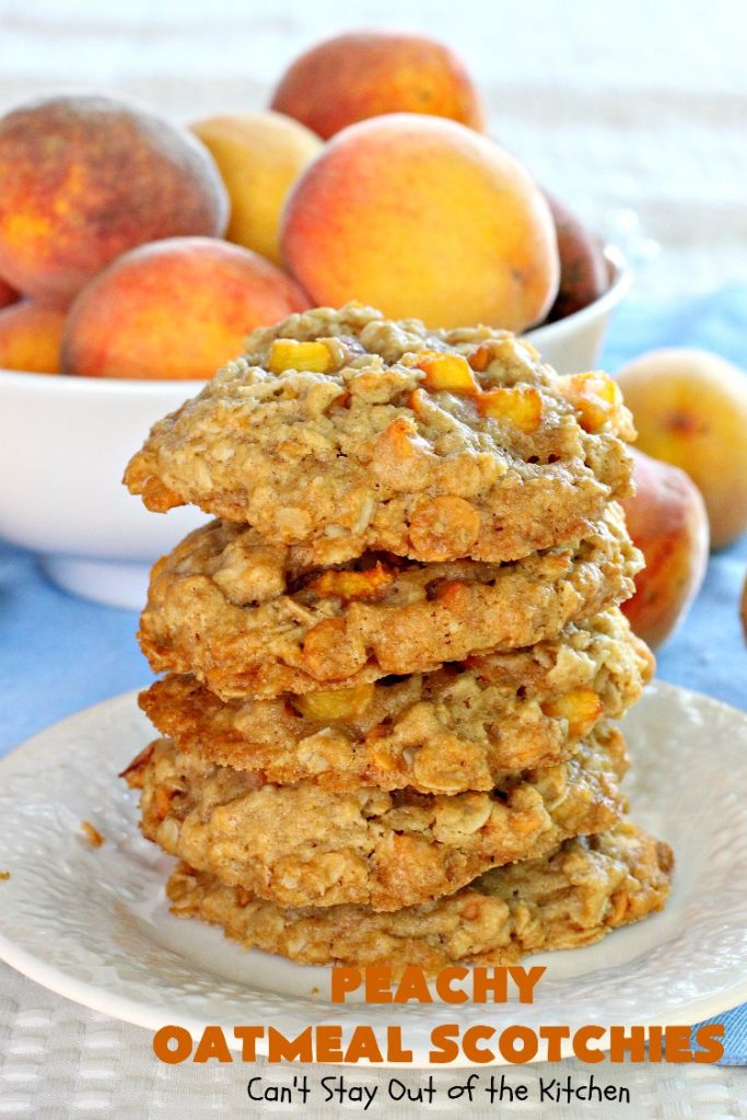 Peachy Oatmeal Scotchies | Can't Stay Out of the Kitchen | these outrageous #OatmealCookies contain #FreshPeaches & #ButterscotchChips for maximum flavor. Seriously, every bite will have you drooling. Great for #tailgating parties, potlucks & backyard BBQs. #peaches #oatmeal #butterscotch #cookies #dessert #PeachyOatmealScotchies #PeachDessert #OatmealDessert #ButterscotchDessert