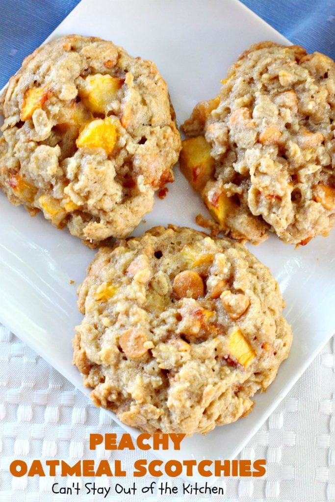 Peachy Oatmeal Scotchies | Can't Stay Out of the Kitchen | these outrageous #OatmealCookies contain #FreshPeaches & #ButterscotchChips for maximum flavor. Seriously, every bite will have you drooling. Great for #tailgating parties, potlucks & backyard BBQs. #peaches #oatmeal #butterscotch #cookies #dessert #PeachyOatmealScotchies #PeachDessert #OatmealDessert #ButterscotchDessert