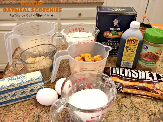 Peachy Oatmeal Scotchies | Can't Stay Out of the Kitchen | these outrageous #OatmealCookies contain #FreshPeaches & #ButterscotchChips for maximum flavor. Seriously, every bite will have you drooling. Great for #tailgating parties, potlucks & backyard BBQs. #peaches #oatmeal #butterscotch #cookies #dessert #PeachyOatmealScotchies #PeachDessert #OatmealDessert #ButterscotchDessert