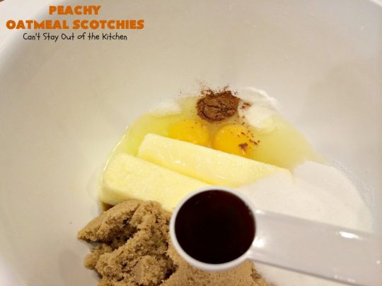Peachy Oatmeal Scotchies | Can't Stay Out of the Kitchen | these outrageous #OatmealCookies contain #FreshPeaches & #ButterscotchChips for maximum flavor. Seriously, every bite will have you drooling. Great for #tailgating parties, potlucks & backyard BBQs. #peaches #oatmeal #butterscotch #cookies #dessert #PeachyOatmealScotchies #PeachDessert #OatmealDessert #ButterscotchDessert