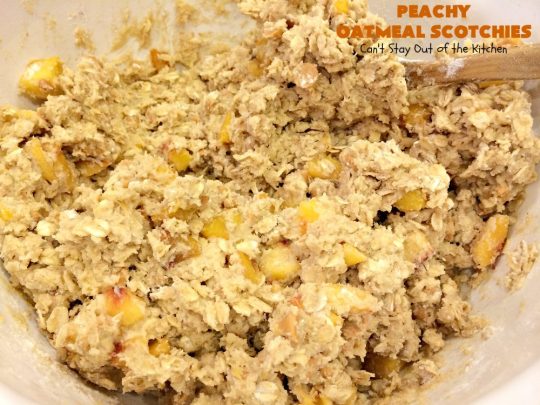 Peachy Oatmeal Scotchies | Can't Stay Out of the Kitchen | these outrageous #OatmealCookies contain #FreshPeaches & #ButterscotchChips for maximum flavor. Seriously, every bite will have you drooling. Great for #tailgating parties, potlucks & backyard BBQs. #peaches #oatmeal #butterscotch #cookies #dessert #PeachyOatmealScotchies #PeachDessert #OatmealDessert #ButterscotchDessert