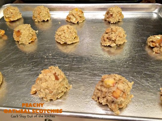 Peachy Oatmeal Scotchies | Can't Stay Out of the Kitchen | these outrageous #OatmealCookies contain #FreshPeaches & #ButterscotchChips for maximum flavor. Seriously, every bite will have you drooling. Great for #tailgating parties, potlucks & backyard BBQs. #peaches #oatmeal #butterscotch #cookies #dessert #PeachyOatmealScotchies #PeachDessert #OatmealDessert #ButterscotchDessert