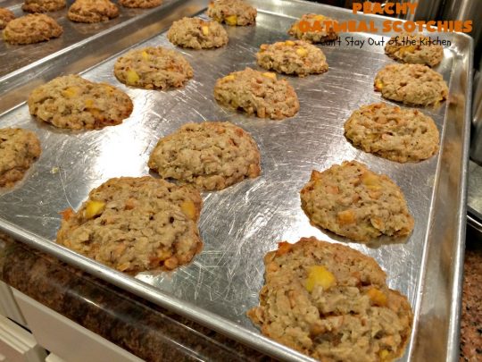 Peachy Oatmeal Scotchies | Can't Stay Out of the Kitchen | these outrageous #OatmealCookies contain #FreshPeaches & #ButterscotchChips for maximum flavor. Seriously, every bite will have you drooling. Great for #tailgating parties, potlucks & backyard BBQs. #peaches #oatmeal #butterscotch #cookies #dessert #PeachyOatmealScotchies #PeachDessert #OatmealDessert #ButterscotchDessert