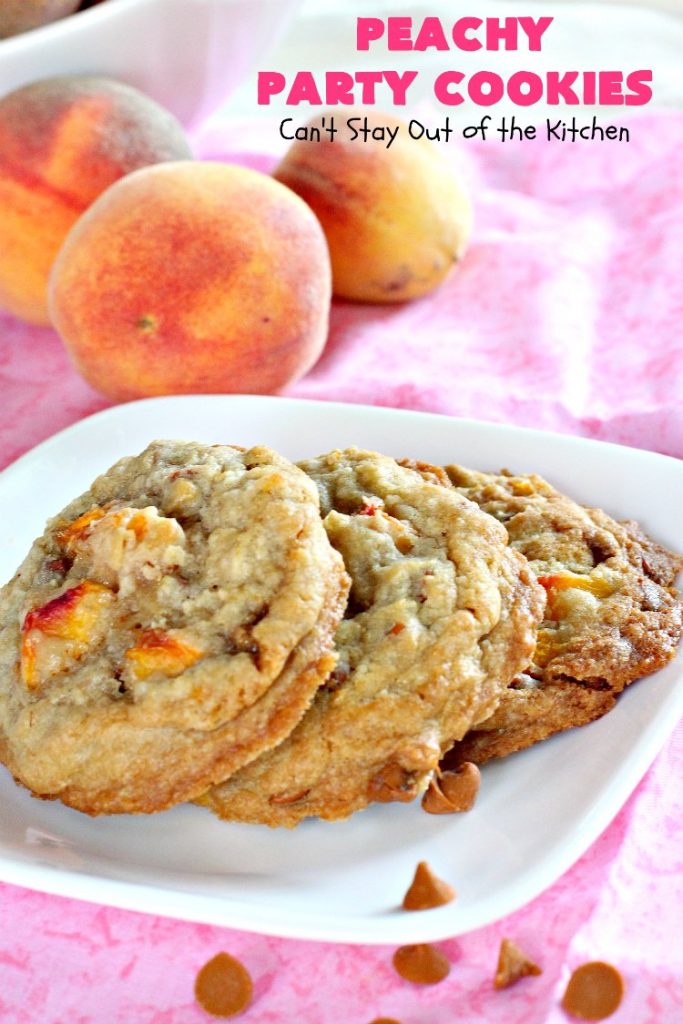 Peachy Party Cookies | Can't Stay Out of the Kitchen | these fantastic #peach #cookies will have you in the partying mood after one bite! They're scrumptious & include #cinnamon chips in the batter. Soooo good. #dessert #peachdessert