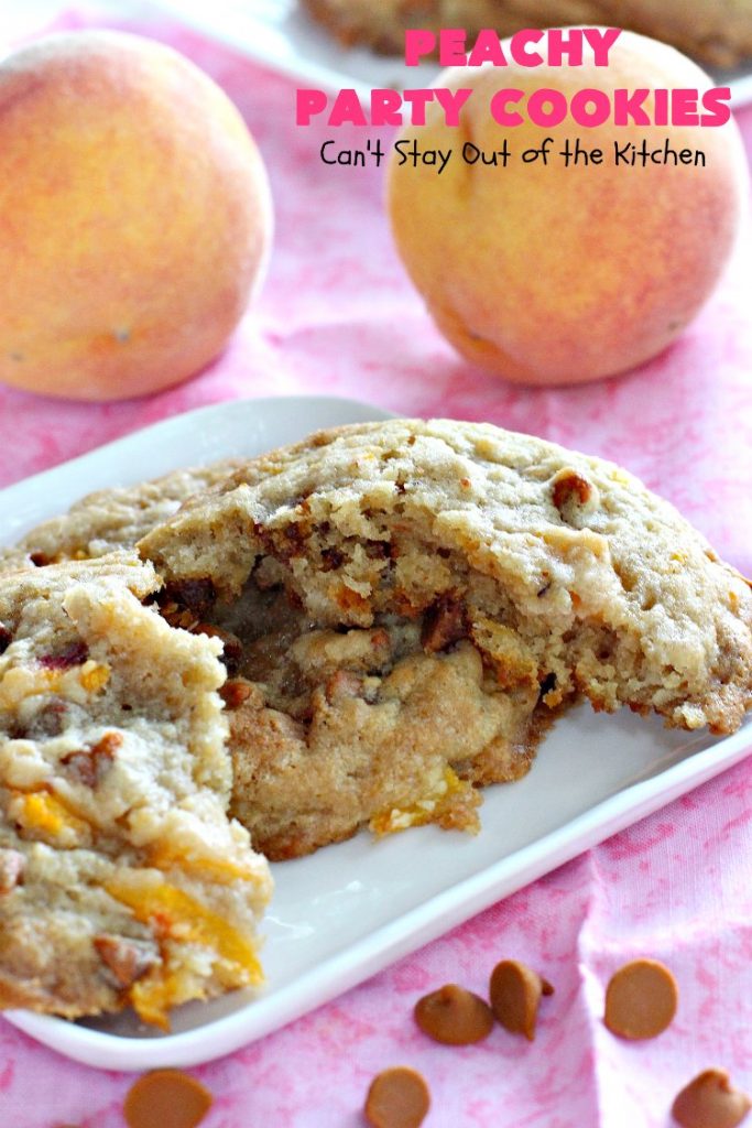 Peachy Party Cookies | Can't Stay Out of the Kitchen | these fantastic #peach #cookies will have you in the partying mood after one bite! They're scrumptious & include #cinnamon chips in the batter. Soooo good. #dessert #peachdessert