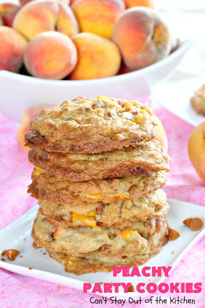 Peachy Party Cookies | Can't Stay Out of the Kitchen | these fantastic #peach #cookies will have you in the partying mood after one bite! They're scrumptious & include #cinnamon chips in the batter. Soooo good. #dessert #peachdessert