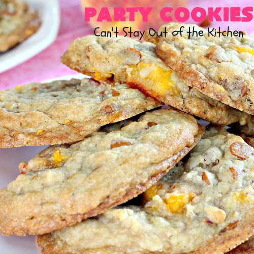 Peachy Party Cookies | Can't Stay Out of the Kitchen | these fantastic #peach #cookies will have you in the partying mood after one bite! They're scrumptious & include #cinnamon chips in the batter. Soooo good. #dessert #peachdessert