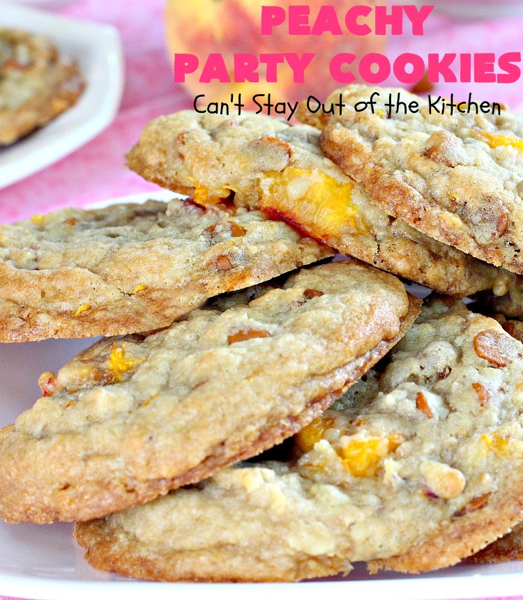 Peachy Party Cookies | Can't Stay Out of the Kitchen | these fantastic #peach #cookies will have you in the partying mood after one bite! They're scrumptious & include #cinnamon chips in the batter. Soooo good. #dessert #peachdessert