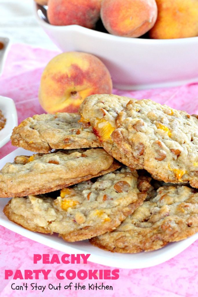 Peachy Party Cookies | Can't Stay Out of the Kitchen | these fantastic #peach #cookies will have you in the partying mood after one bite! They're scrumptious & include #cinnamon chips in the batter. Soooo good. #dessert #peachdessert