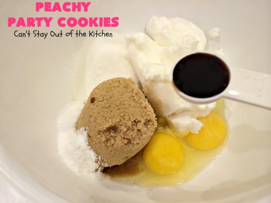 Peachy Party Cookies | Can't Stay Out of the Kitchen | these fantastic #peach #cookies will have you in the partying mood after one bite! They're scrumptious & include #cinnamon chips in the batter. Soooo good. #dessert #peachdessert