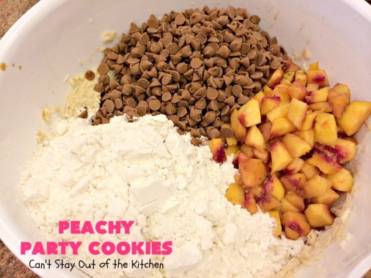 Peachy Party Cookies | Can't Stay Out of the Kitchen | these fantastic #peach #cookies will have you in the partying mood after one bite! They're scrumptious & include #cinnamon chips in the batter. Soooo good. #dessert #peachdessert