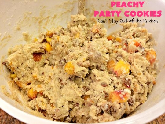 Peachy Party Cookies | Can't Stay Out of the Kitchen | these fantastic #peach #cookies will have you in the partying mood after one bite! They're scrumptious & include #cinnamon chips in the batter. Soooo good. #dessert #peachdessert