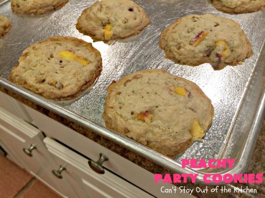 Peachy Party Cookies | Can't Stay Out of the Kitchen | these fantastic #peach #cookies will have you in the partying mood after one bite! They're scrumptious & include #cinnamon chips in the batter. Soooo good. #dessert #peachdessert
