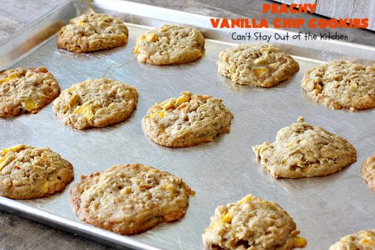 Peachy Vanilla Chip Cookies | Can't Stay Out of the Kitchen | these sensational #cookies include fresh #peaches, #walnuts & vanilla chips. They make a wonderful #dessert for summer potlucks when peaches are in season. #peachdessert