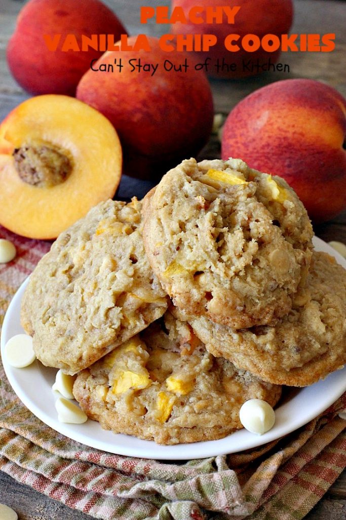 Peachy Vanilla Chip Cookies | Can't Stay Out of the Kitchen | these sensational #cookies include fresh #peaches, #walnuts & vanilla chips. They make a wonderful #dessert for summer potlucks when peaches are in season. #peachdessert