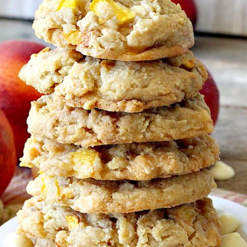 Peachy Vanilla Chip Cookies | Can't Stay Out of the Kitchen | these sensational #cookies include fresh #peaches, #walnuts & vanilla chips. They make a wonderful #dessert for summer potlucks when peaches are in season. #peachdessert