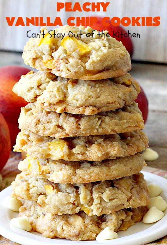 Peachy Vanilla Chip Cookies | Can't Stay Out of the Kitchen | these sensational #cookies include fresh #peaches, #walnuts & vanilla chips. They make a wonderful #dessert for summer potlucks when peaches are in season. #peachdessert