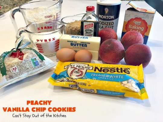 Peachy Vanilla Chip Cookies | Can't Stay Out of the Kitchen | these sensational #cookies include fresh #peaches, #walnuts & vanilla chips. They make a wonderful #dessert for summer potlucks when peaches are in season. #peachdessert