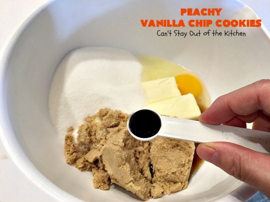 Peachy Vanilla Chip Cookies | Can't Stay Out of the Kitchen | these sensational #cookies include fresh #peaches, #walnuts & vanilla chips. They make a wonderful #dessert for summer potlucks when peaches are in season. #peachdessert