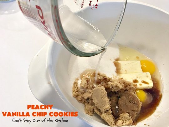 Peachy Vanilla Chip Cookies | Can't Stay Out of the Kitchen | these sensational #cookies include fresh #peaches, #walnuts & vanilla chips. They make a wonderful #dessert for summer potlucks when peaches are in season. #peachdessert