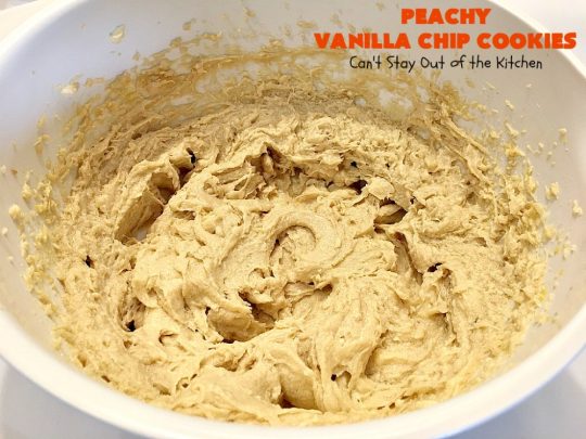 Peachy Vanilla Chip Cookies | Can't Stay Out of the Kitchen | these sensational #cookies include fresh #peaches, #walnuts & vanilla chips. They make a wonderful #dessert for summer potlucks when peaches are in season. #peachdessert