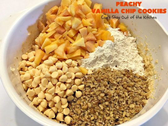 Peachy Vanilla Chip Cookies | Can't Stay Out of the Kitchen | these sensational #cookies include fresh #peaches, #walnuts & vanilla chips. They make a wonderful #dessert for summer potlucks when peaches are in season. #peachdessert