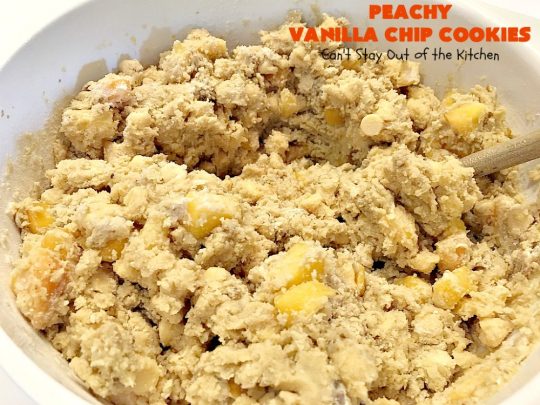 Peachy Vanilla Chip Cookies | Can't Stay Out of the Kitchen | these sensational #cookies include fresh #peaches, #walnuts & vanilla chips. They make a wonderful #dessert for summer potlucks when peaches are in season. #peachdessert