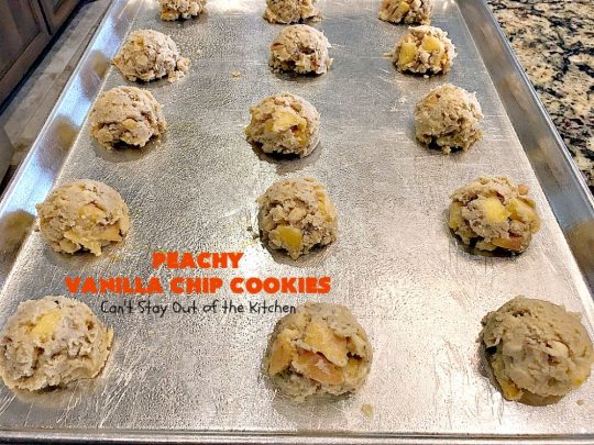Peachy Vanilla Chip Cookies | Can't Stay Out of the Kitchen | these sensational #cookies include fresh #peaches, #walnuts & vanilla chips. They make a wonderful #dessert for summer potlucks when peaches are in season. #peachdessert